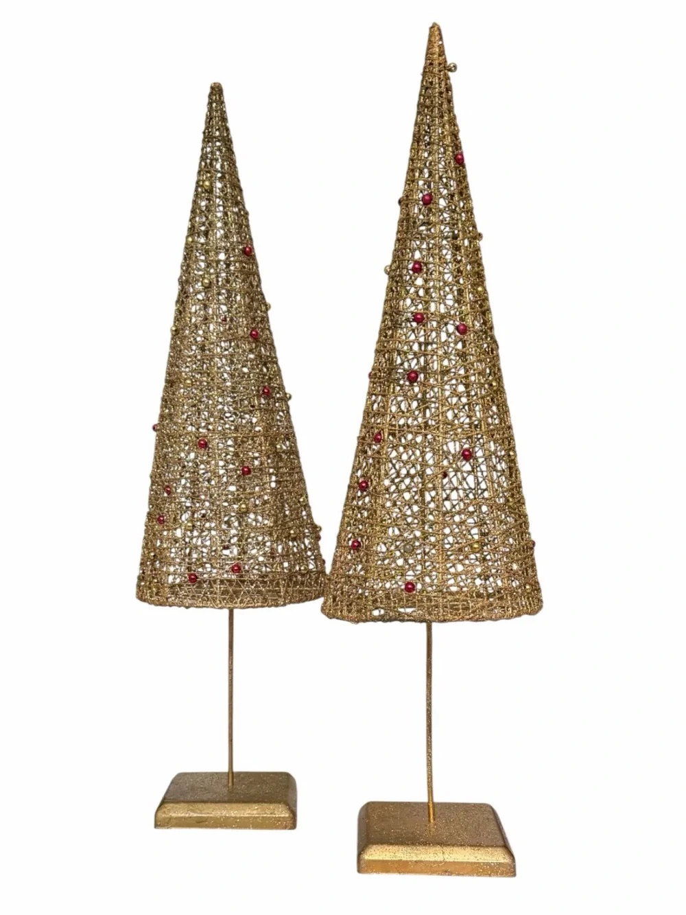 Set of 2 Crate and Barrel Metallic Gold Wire Cone Tabletop Christmas Trees 19”